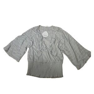 Becool Willows Light Blue Textured Smocked Waist Surplice Bell Sleeve Top Small